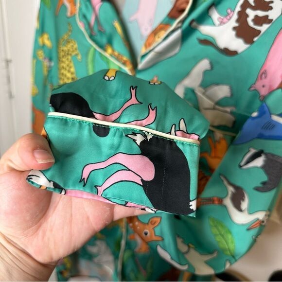 Karen Mabon Turquoise Animal Novelty Print Button Down Pj Top Sz L Boho Indie - Picture 5 of 8